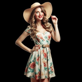 Woman in a summer dress and hat smiling confidently